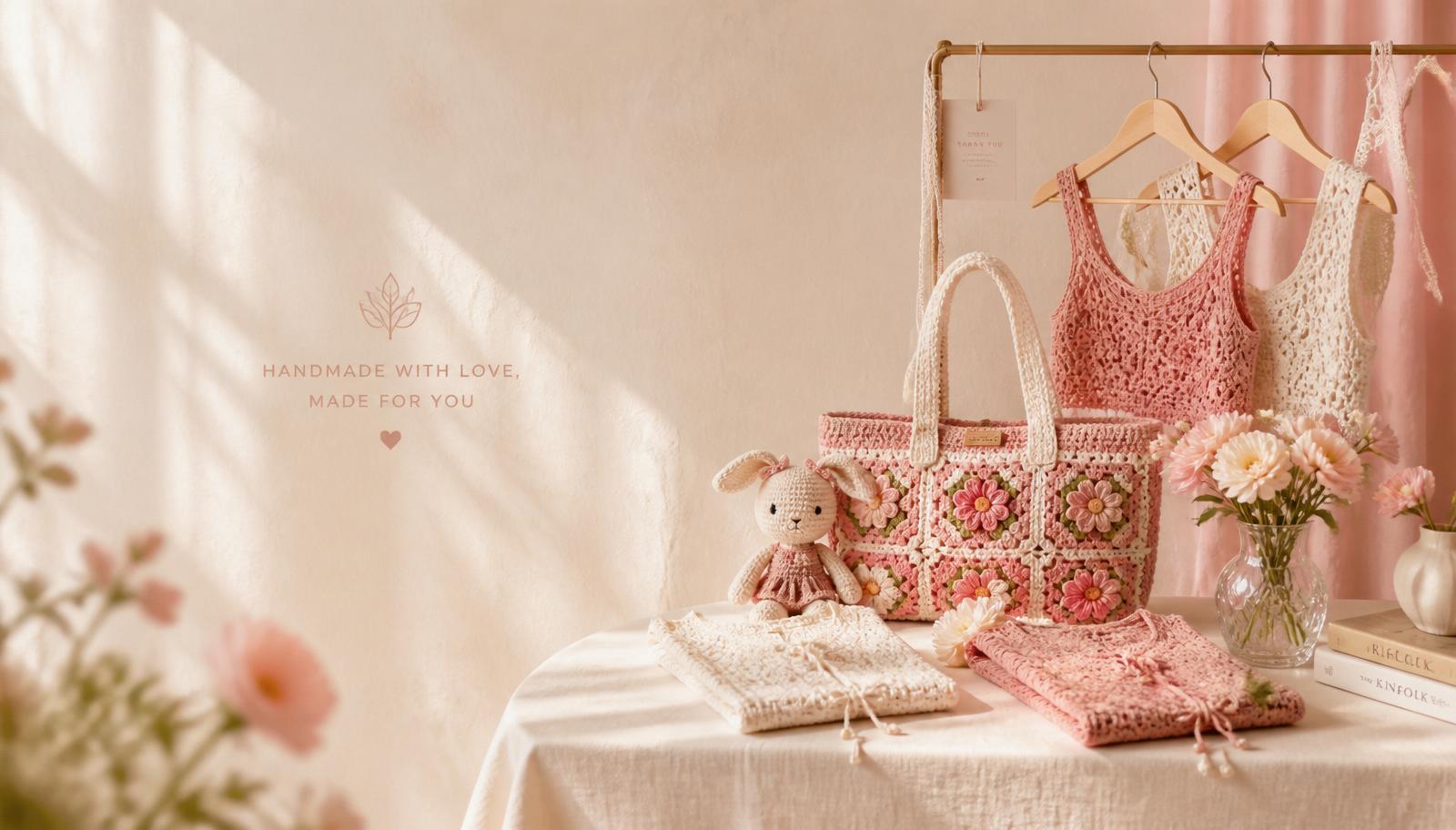 Handmade crochet collection styled in a sunlit room